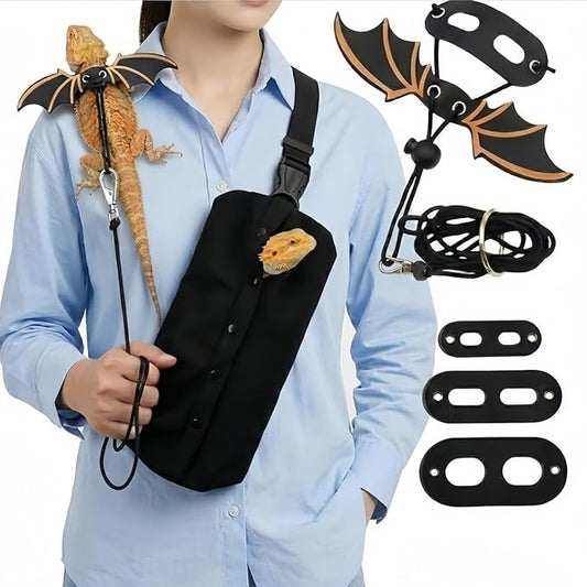 Bearded Dragon Carrier Sling & Leash Harness Set, Adjustable Flannel Lizard Travel Bag & Bat Wing Leash with 3 Size Pads, Reptile Outdoor Walking Accessories for Geckos (Black)