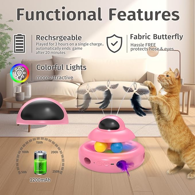 MOHAYA Automatic Cat Toys,4-in-1 InteractiveCat Toys for Bored Indoor Adult Cats, Electric Flying Butterfly,Rechargeable Moving Ambush Feather,Pink Kitter Toy Track Balls - Image 6