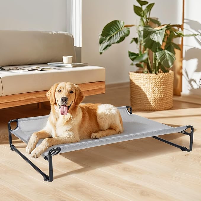 Veehoo Outdoor Elevated Dog Bed,Raised Dog Beds for Large Dogs, Washable Dog Cot with Headrest Sides, Non-Skid Feet, Breathable Mesh, Cooling Pet Hammock for Indoor or Camping, 42", Grey