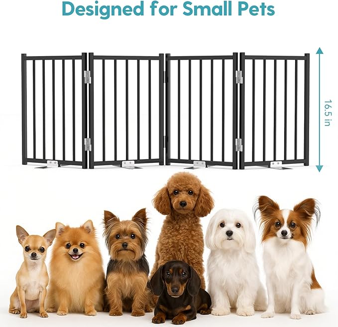 No Pawblems Free Standing Short Dog Gate, 16.5'' Tall Foldable Dog Fence for Indoor & Outdoor, Up to 48 Inch Extra Wide Puppy Gate for Stairs, Hallways, Doorways, Deck, Yard (Black, 4 Panels)