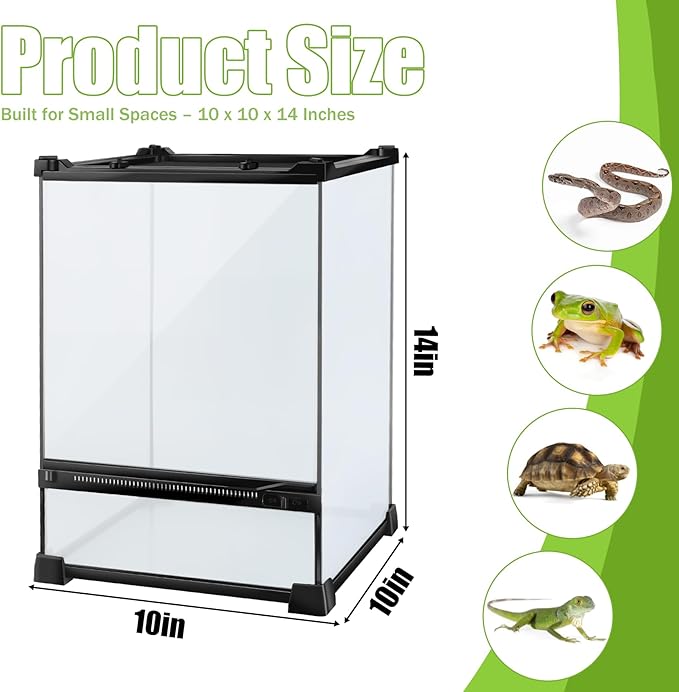 Reptile Terrarium 10"x10"x14", Full Glass Tank Enclosure for Small Reptiles, Geckos, Frogs, Lizards, Snakes, Spiders, Turtles, Vertical Rainforest Habitat