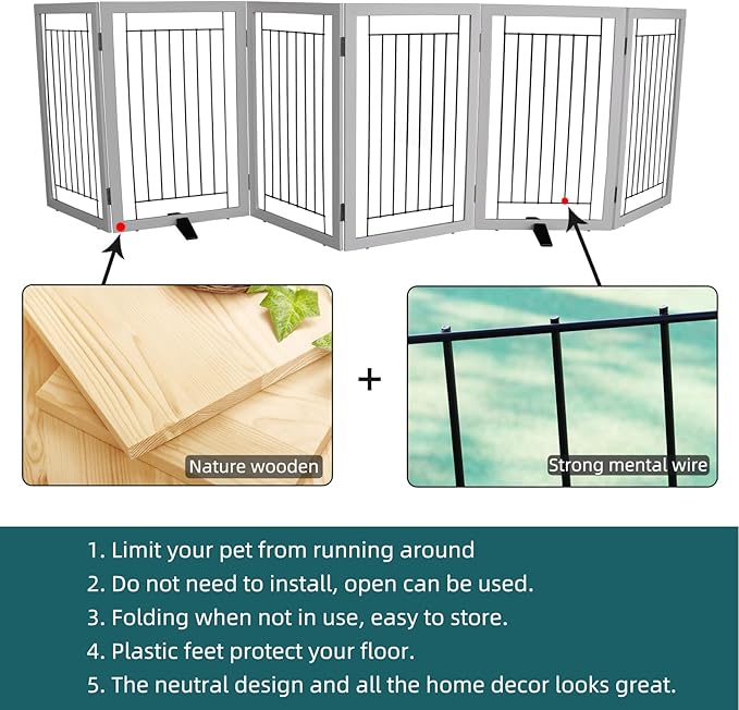 ZJSF Freestanding Dog Gate Indoor, Foldable Dog Fence for Doorways,Hallways or Stairs, Sturdy Wood Extra Wide Pet Gate with Support Feet,Grey,32 "Height-6 Panels
