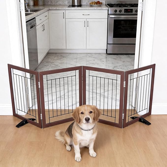 ZJSF Freestanding Dog Gate Indoor, Foldable Dog Fence for Doorways,Hallways or Stairs, Sturdy Wood Extra Wide Pet Gate with Support Feet,Brown,24 "Height-4 Panels