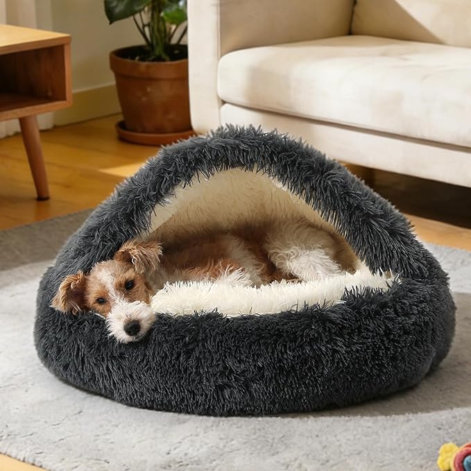 NOYAL Round Hooded Donut Dog Bed for Small & Medium Pets - Plush Fluffy Anti-Anxiety Cat Cave Bed with Cover