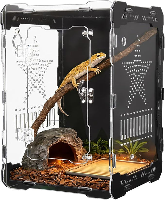 Acrylic Terrarium 14x10x10 Inch – Front Opening Reptile Enclosure with Magnetic Feeder – Escape-Proof Habitat for Arboreal Tarantulas, Scorpions & Geckos
