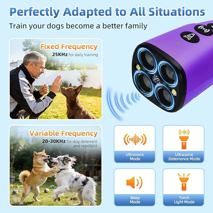 4X Ultrasonic Dog Bark Deterrent Device, 2026 Newest Stop Neighbors Dog Barking, 4 Nozzles Up 100% Efficiency, 3 Modes Humane Training Tool with Flashlight , Safe for Pet Indoor Outdoor(Purple)