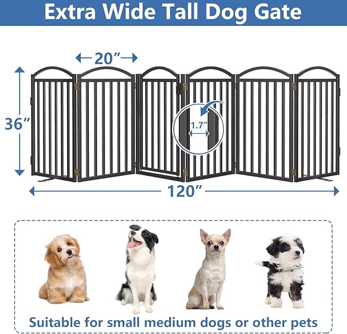Malier Metal Freestanding Dog Gates with Door, 36'' Height Outdoor Indoor Dog Fences, Extra Wide Foldable Puppy Gate for Stairs (Black, 【6 Panels with Door】 120''W × 36''H)