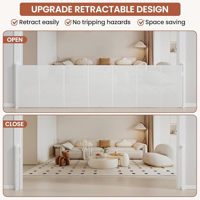 Upgrade Retractable Baby Gates Extra Wide(200" W x 42" H), 200 inch Reinforced Retractable Dog Gate to Prevent Crawling Through, Retractable Gate Outdoor/Indoor, Real One-Handed Operation, White