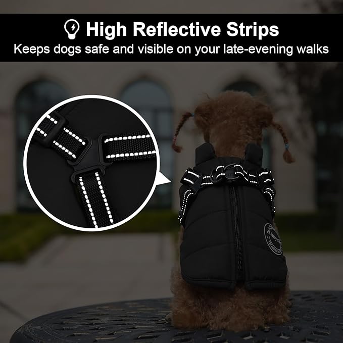Dog Winter Coat, Warm Dog Jacket Reflective Adjustable Fleece Vest with Harness Built in, Windproof Pet Snow Jacket Snowsuit with Zipper for Small Medium Dogs, Black XS