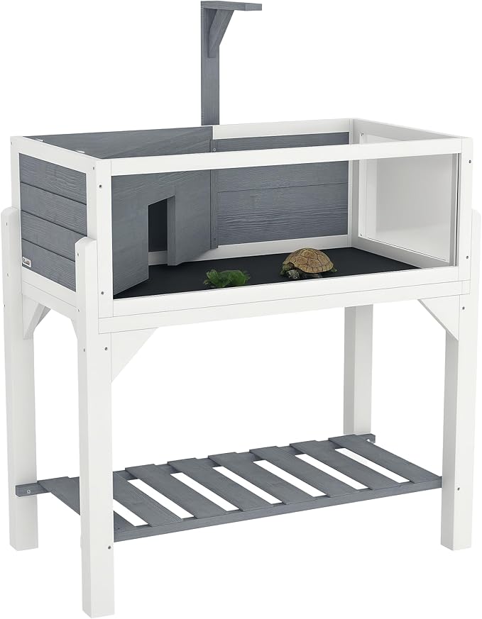 PawHut Tortoise Habitat with Storage Shelf, Wooden Tortoise Enclosure with Clear Windows, Lamp Holder, Openable Top, Built-in Tray, Reptile Cage for Indoor Outdoor Use, Gray