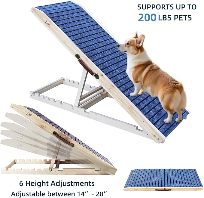 ZJSF Foldable Wooden Dog Ramp for High Bed, Dog Stairs for Small and Large Dogs, High Traction Platform with 6 Adjustable Heights (14"-28"), 47.8", Supports up to 200 lbs