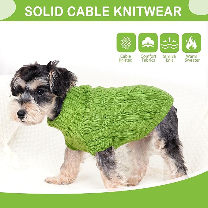 Dog Sweaters Warm Small Dog Sweater Winter Dog Clothes Chihuahua Sweaters Cute Puppy Sweater Cable Knit Pet Clothes Christmas Dog Outfit Cat Sweater (Green, Small)