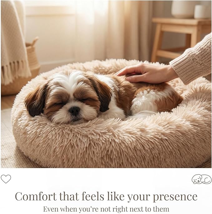 Calming Donut Dogs Beds for Small Dogs Washable,23inch Plush Round Pet Bed for Cozy Sleep,Fluffy Faux Fur Large Cat Bed,Fits up to 25 lbs Pets,Beige