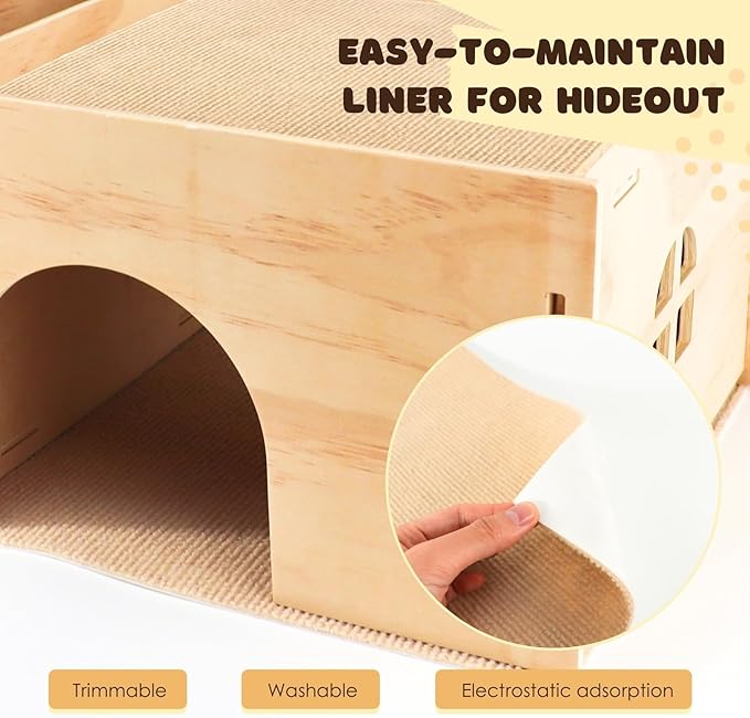 Wooden Guinea Pig Hideout House with Hay Rack - Sturdy Small Animal Habitat Hut for Chinchillas, Hamsters & Small Pets - Includes 2 Reusable Mats & 2 Letter Sticker Sets
