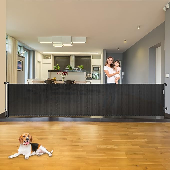 110 Inch Extra Wide Baby Gate for Large Openings, Retractable Gate Outdoor Retractable Dog Gate Indoor Extra Long Dog Gates for Doorways Large Pet Gate for Stairs, Long Gates for Kids or Pets, Black