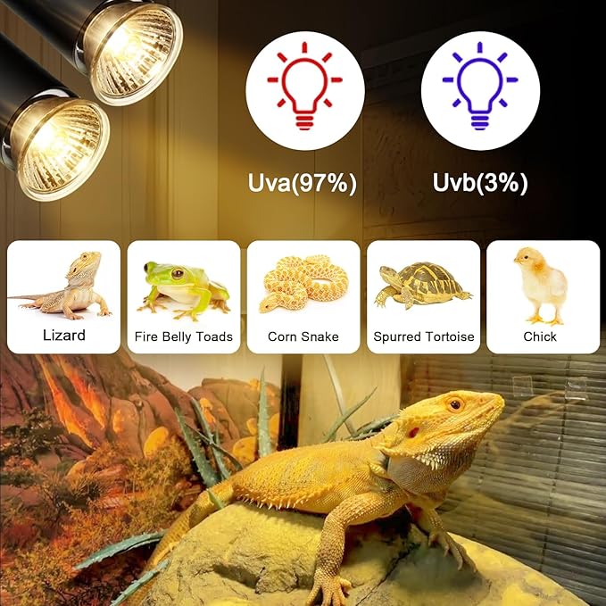 Turtle Heat Lamp for Reptile,UVA Light for Turtle,Bearded Dragon Basking Light Bulbs,Dimmable 360°Gooseneck Heating Lamp,with E26 Bulb (25W*2，50W*2)