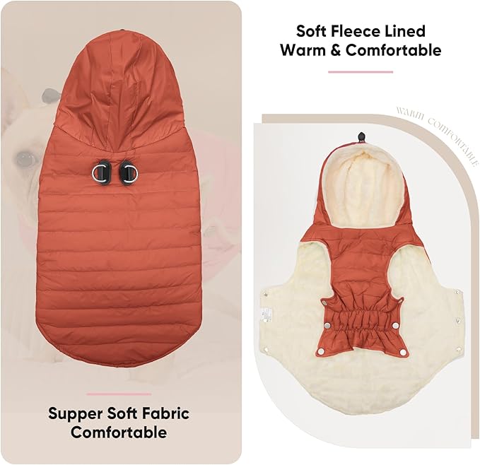Vecomfy Fleece Lining Dog Hoodie with Harness Built in,Extra Warm Large Dog Jacket in Winter Doggie Coats with Drawstring Hooded,Orange XXXL