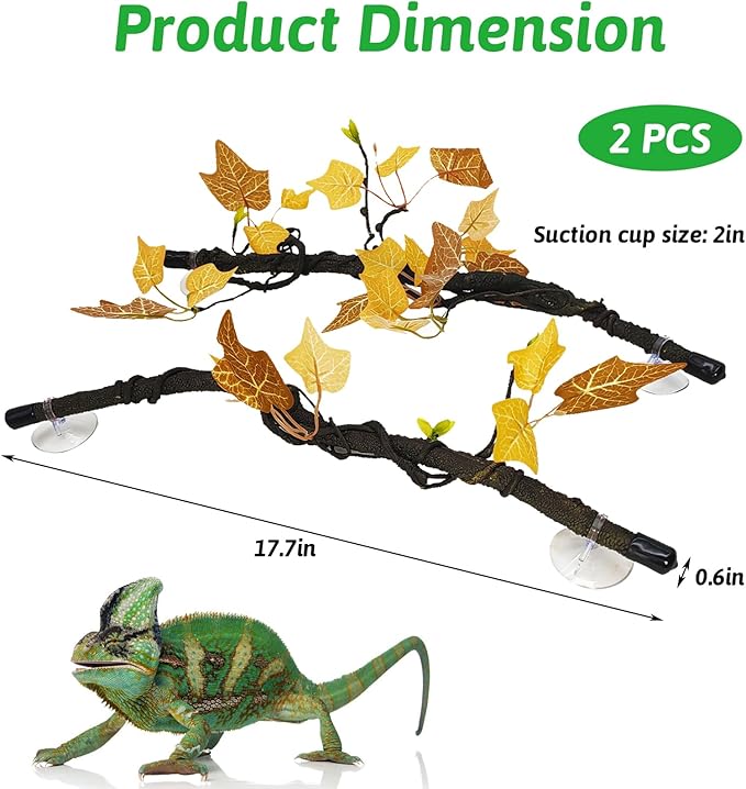 PINVNBY 2 PCS Snake Climbing Branch, Flexible Jungle Reptile Vine with Suction Cup Gecko Climb Tree Branches Chameleons Cage Accessories for Lizards,Tree Frog, Crested Gecko,Snake Enrichment（Orange）