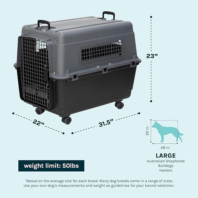 SportPet Airline Compliant LARGE 28.75" Travel Dog Kennel- Durable Plastic Airline Pet Carrier w/ Removable Wheels & Food Bowls, Collapsible Indoor/Outdoor Dog Kennel, Dogs up to 28"L & 20"H-Dark Gray