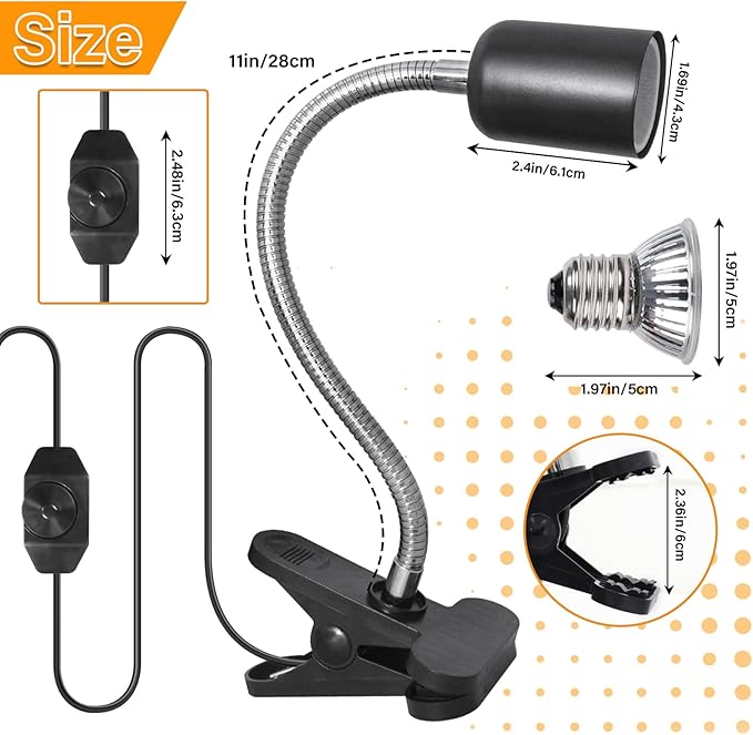Reptile Heat Lamp with 2 Pcs 50W UVA UVB Light Bulb, 360° Rotatable Basking Spot Light Simulated Sunlight, Dimmable Heating Lamp for Turtle, Lizard, Snake, Beared Dragon, Amphibians
