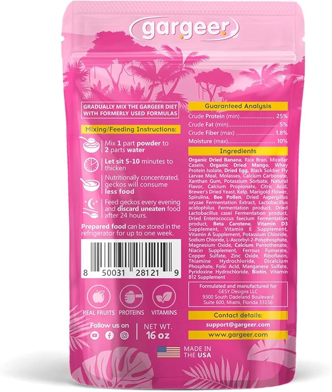 Gargeer 16oz Complete Crested Gecko Food Diet. Premium Ingredients Mix, Ready to Use Freshly Made Powder. Unique Superfood Formula, Developed & Made in The USA. Enjoy!