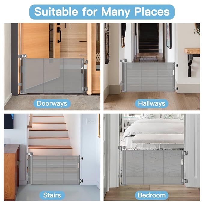 Short Dog Gate 0"-39" Wide Narrow Baby Gate 24” Tall Retractable Short Baby Gate to Step Over Short Pet Gate for Stairs and Doorways Small Dog Gate Doggie Gates Puppy for The House, Gray