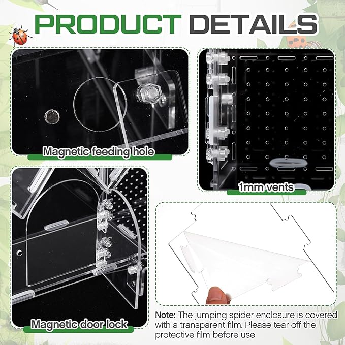 Weysat Jumping Spider Enclosure 7.5" x 3.15" x 5.3" Acrylic Tarantula Enclosure Castle Style Insect Terrarium with Magnetic Door Transparent Terrarium for Reptiles, Amphibians and Spiders