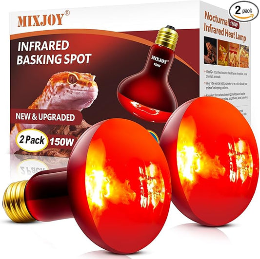 MIXJOY 150W Infrared Heat Lamp Bulbs, 2 Pack Reptile Infrared Heat Emitter Red Heat Lamp Bulbs Basking Light Bulbs for Reptiles, Bearded Dragon, Lizard, Tortoise, Chickens, Pets