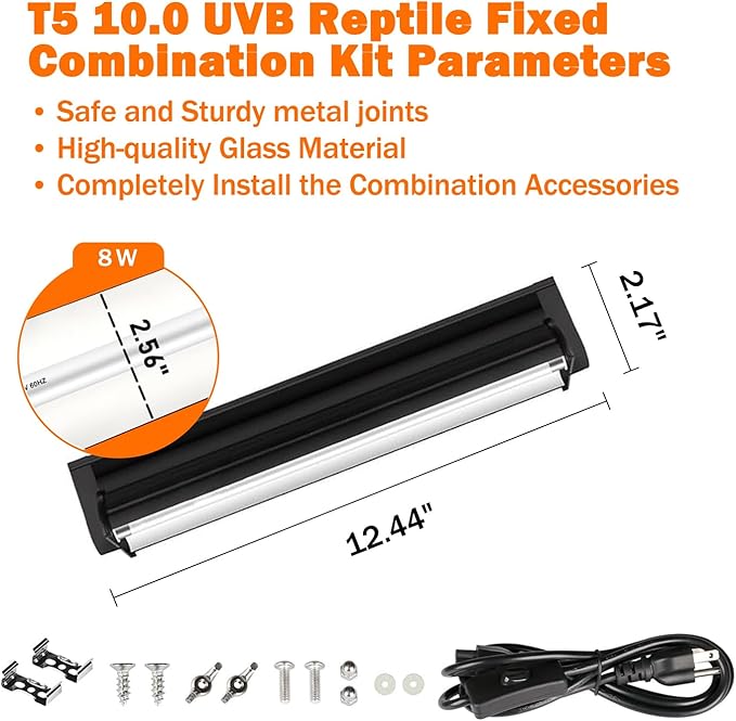 T5 10.0 UVB Reptile Light Fixture, 8W 12" T5 UVA/UVB Fluorescent Tube Bulb for Bearded Dragon, Tortoise, Leopard Gecko, Desert Lizards