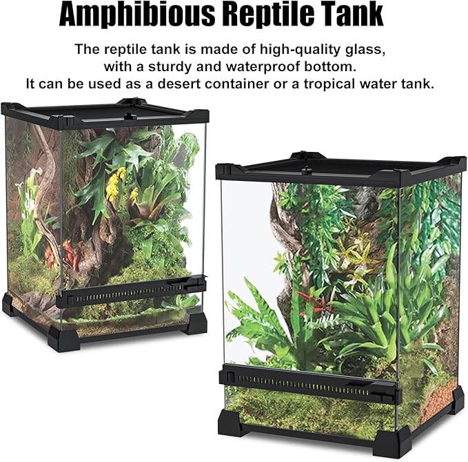 Reptile Terrarium 8"x8"x12" Mini, Front-Opening Glass Tank with Mesh Lid & Lock, 360° Glass Enclosure for Small Reptiles, Frogs, Tarantulas, Jumping Spiders & Geckos