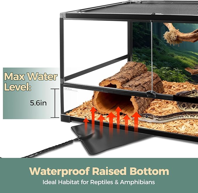 70 Gallon Full Glass Reptile Tank, Quick Fold Reptiles Enclosure with Waterproof Base, Top Screen Ventilation, 40" x 20" x 20" Front Opening Large Terrarium for Bearded Dragon, Ball Python, Snake