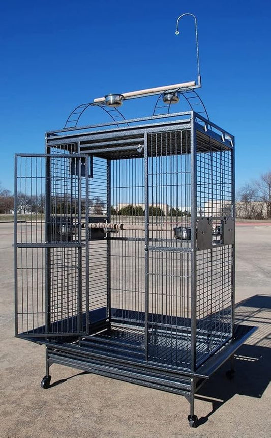 Extra Large Double Ladders Open Play Top Wrought Iron Bird Parrot Parakeet Finch Macaw Cockatoo Cage, Include Seed Guard and Toy Hook On Wheels