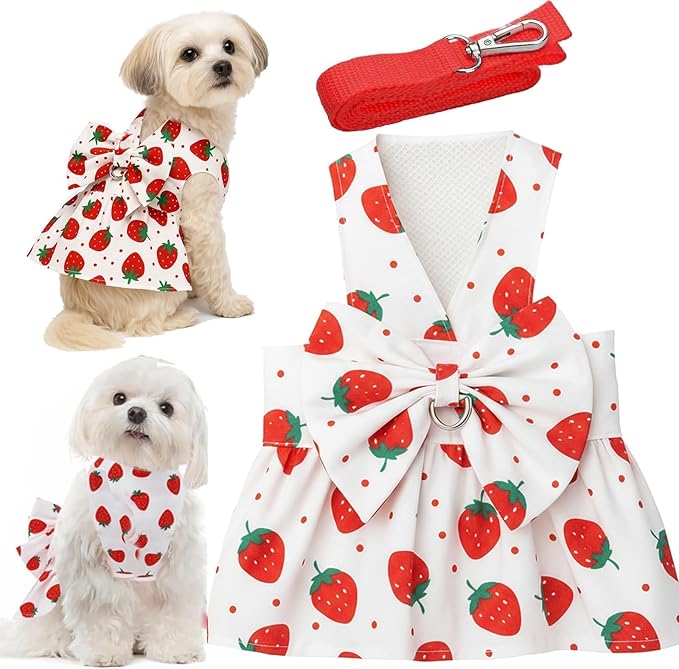 Dog Dress Bowknot Harness Leash Set for Small Dogs Red Strawberry Dog Cat Clothes Cute Puppy Outfits Pet Clothes Spring Summer Breathable Dresses(X-Samll)