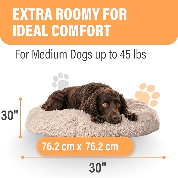Active Pets Premium Medium Donut Dog Bed, Fits Up to 45 lbs, Removable Cover & Washable Cushion, Plush Long Pile Faux Fur Fabric, Portable Beige Pet Bed Furniture for Puppies Adult Canines & Cats
