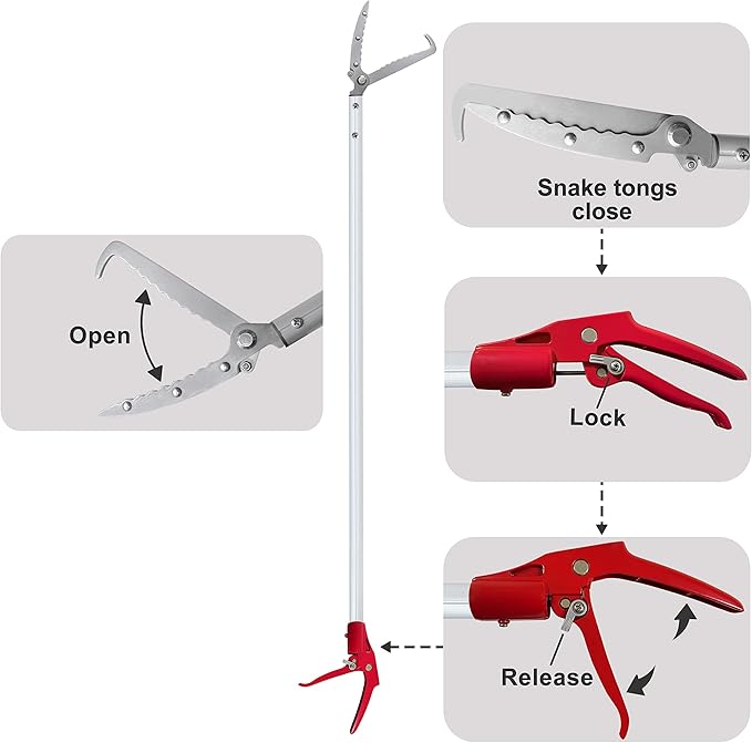 3.7 FT Snake Grabber Long Handle with Hooks, Rattle Snake Catcher Tool, Professional Reptile Wide Jaw Tongs