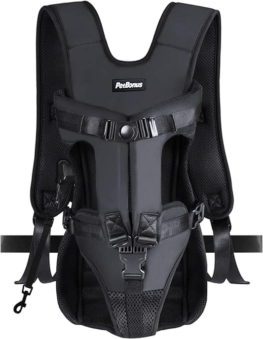 PetBonus Pet Front Dog Carrier Backpacks, Adjustable Pet Backpack, Legs Out Easy-fit Puppy Chest Carrier for Medium Small Dogs, Hands Free for Hiking, Cycling (Black, M)