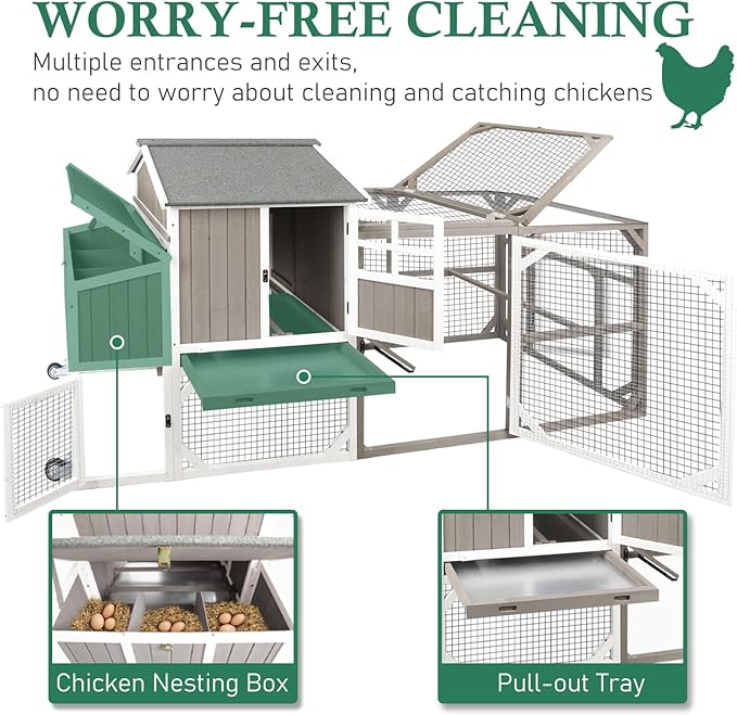 Large Chicken Coop with Run & Wheels, Portable Outdoor Hen House for 3-6 Chickens, 3 Nesting Boxes, Quail Hutch & Poultry Cage, Removable Tray & Ramp (95.3" L Grey)