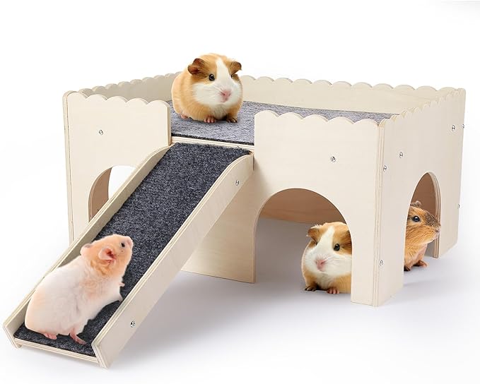 Guinea Pig Hideout 2-Tier Wooden Small Animal Hideout Sturdy Guinea Pig Castle with Ramp & Platform for Bunny, Chinchilla, Rat & Hamster - Easy Assembly Multi-Level Habitat