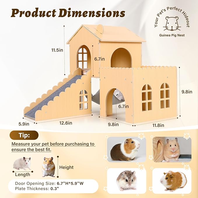 Guinea Pig Hideout with Hammock & Ramp – Multi-Level Wooden Small Animal House for Hamsters, Rabbits, Chinchillas | Easy Assembly Guinea Pig Cages