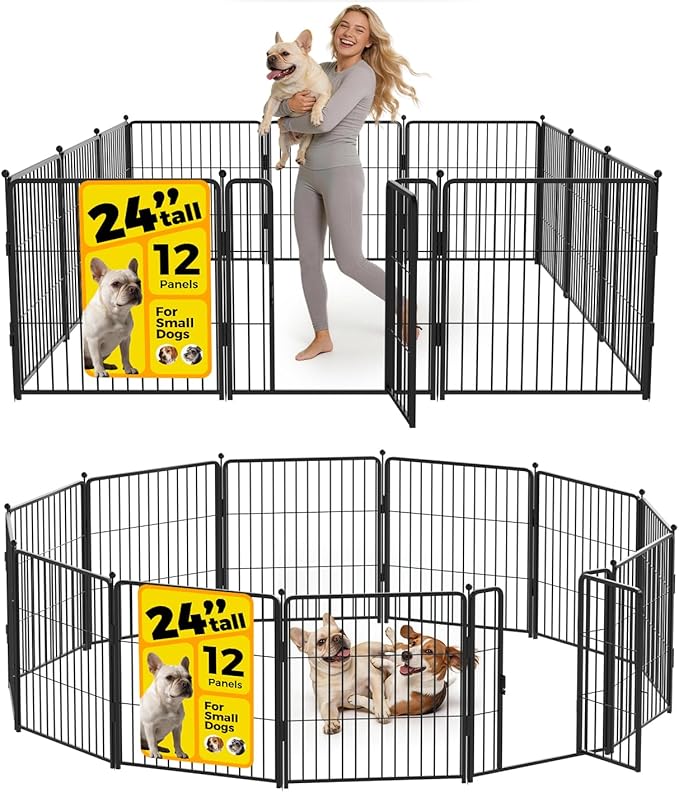 Dog Playpen 24 inch 12 Panels for Indoor & Outdoor Use – Heavy-Duty Metal Pet Fence with Ground Stakes, Rounded Ball Tops for Safety, Stable & Foldable Design, Easy to Assemble