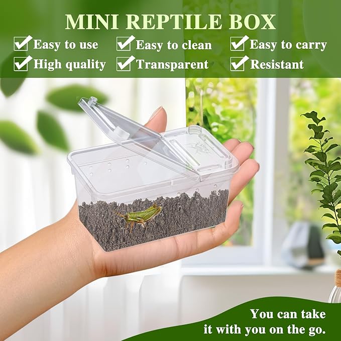10Pcs Reptile Feeding Box, Transparent Animal Habitat Cage Spider Terrarium, Plastic Breeding Box for Reptile Turtle Spider Frog Scorpion Snake (3.6 x 2.1 x 1.9 in)