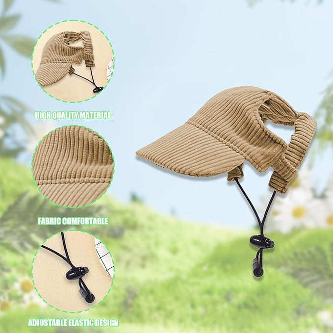 Dog Baseball Cap, Dog Cat Summer Beach Visor Hat with Ear Holes, Adjustable Puppy Sunbonnet Headdress (Brown, Small)