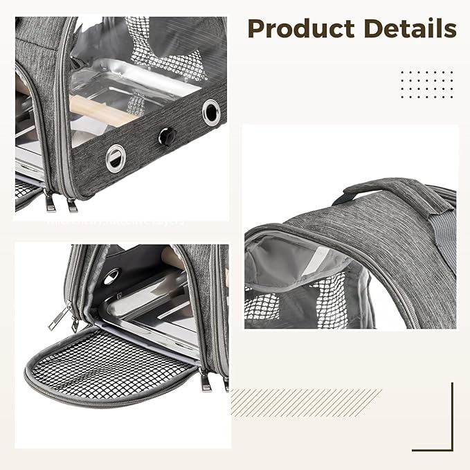 Airline-Approved Parrot Pet Backpack Carrier, Clear Mesh, Adjustable Strap, Stainless Steel Tray for Parrots, Hamsters, and Small Animals