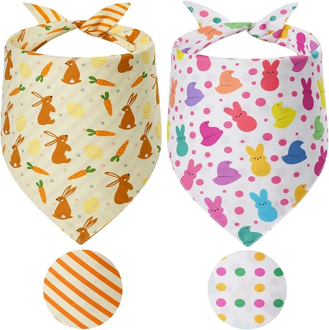 Easter Dog Bandanas Large 2PCS, Triangle Reversible Bunny Scarf for Boy and Girl, Adjustable Puppy Bibs for Large and Extra Large Pets Cats