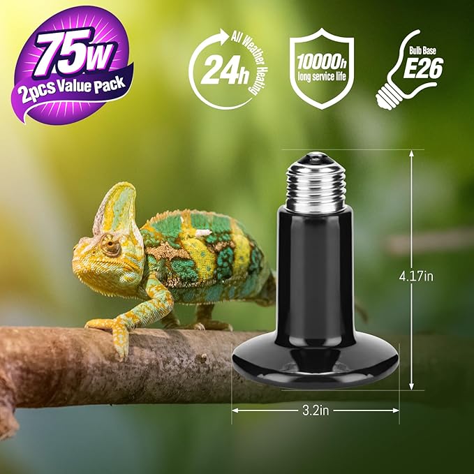 Leoterra 75W Ceramic Heat Emitter, Reptile Heat Lamp Bulb for 20-40 Gallons Bearded Dragon Tank & Turtle Terrarium, All-Purpose No-Light Night Heating for Lizards, Snakes, Chameleons (2-Pack)