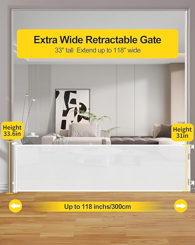 AOURMKOOP 118 Inch Extra Wide Retractable Baby Gate,Mesh Large Baby Gate or Mesh Pet Dog Gate, Opening Wide Extra Long Child Safety Gate for Indoor Baby Fence, Outdoor, Stairs, Deck (White)