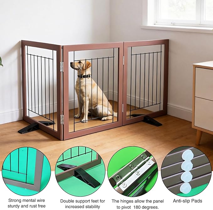 ZJSF Freestanding Dog Gate Indoor, Foldable Dog Fence for Doorways,Hallways or Stairs, Sturdy Wood Extra Wide Pet Gate with Support Feet,Brown,24 "Height-3 Panels