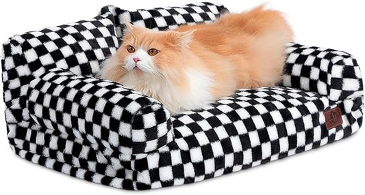 Hollypet Fluffy Dog Cat Bed Pet Couch Beds Plush Soft Warming Washable Puppy Bed for Small Medium Dogs and Large Cats, Black and White, 24" L x 18" W x 10" Th