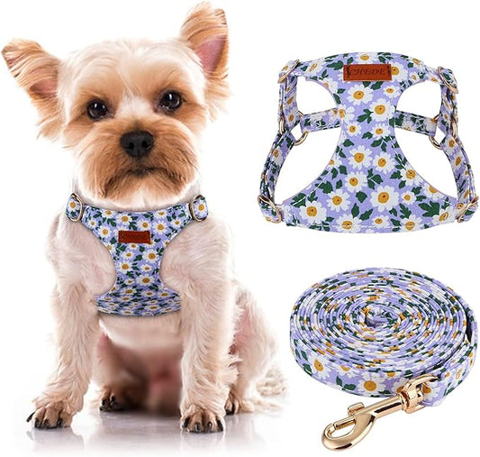 CHEDE No Pull Floral Pattern Dog Harness- Lightweight and Soft Harness, Adjustable Small Dog Harness and Leash Set, with Dog Leash, Suitable for Puppy Small and Medium-Sized Dog