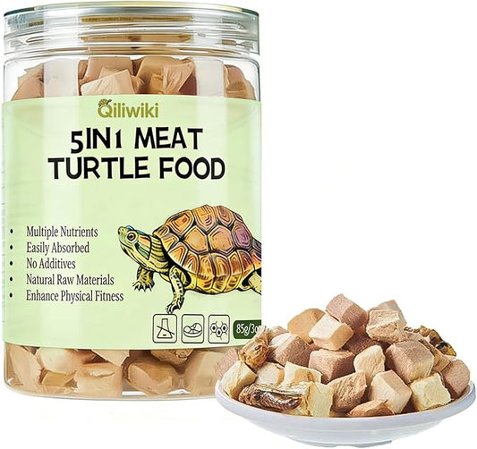Turtle Food, 5 in 1 Meat Turtle Treats - Natural Freeze-Dried Chicken & Duck & Cod & Chicken Liver & Grasshopper - Human-Grade Real Meat - High Protein, 3oz